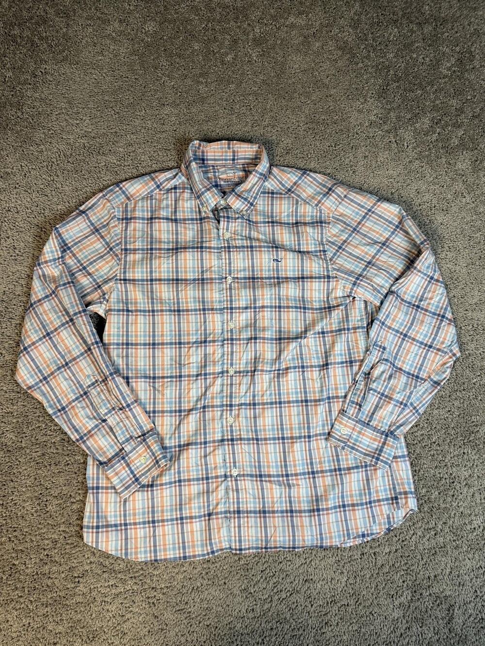 Vineyard Vines Shirt Mens L Performance Whale Blue Plaid Long Sleeve Button Up